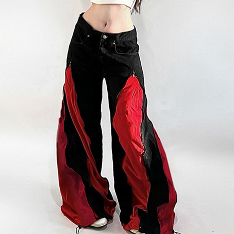 Mom Jeans Women - Dark Zipper Patchwork Contrast Color Pants