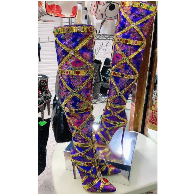 Multicolor Gemstone Gold Trim  - Women'S Fashion Knee High Boots review and price